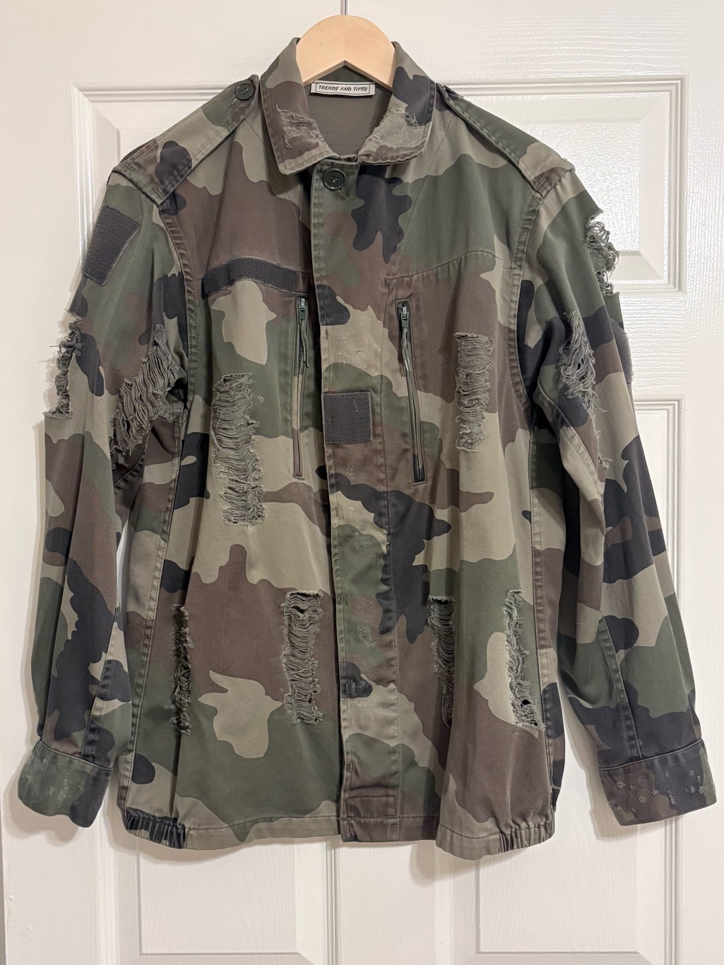 Custom Vintage Upcycled Repurposed Distressed Camo Rolling Stones Utility Jacke — image 3 of 8